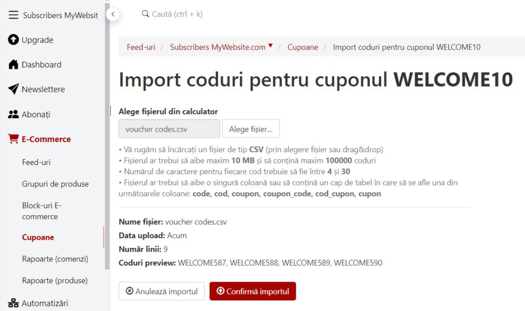import coduri cupon dinamic reducere newsletter