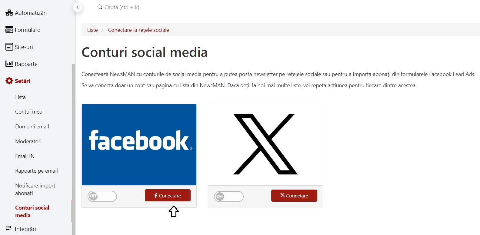 integrare newsman facebook leads conectare